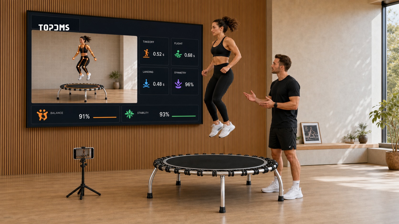 TOPDMS trampoline training scene with live video, movement stages and practical results