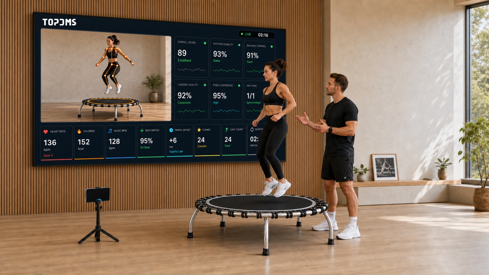 Athlete reviewing a trampoline session and getting guidance from an instructor
