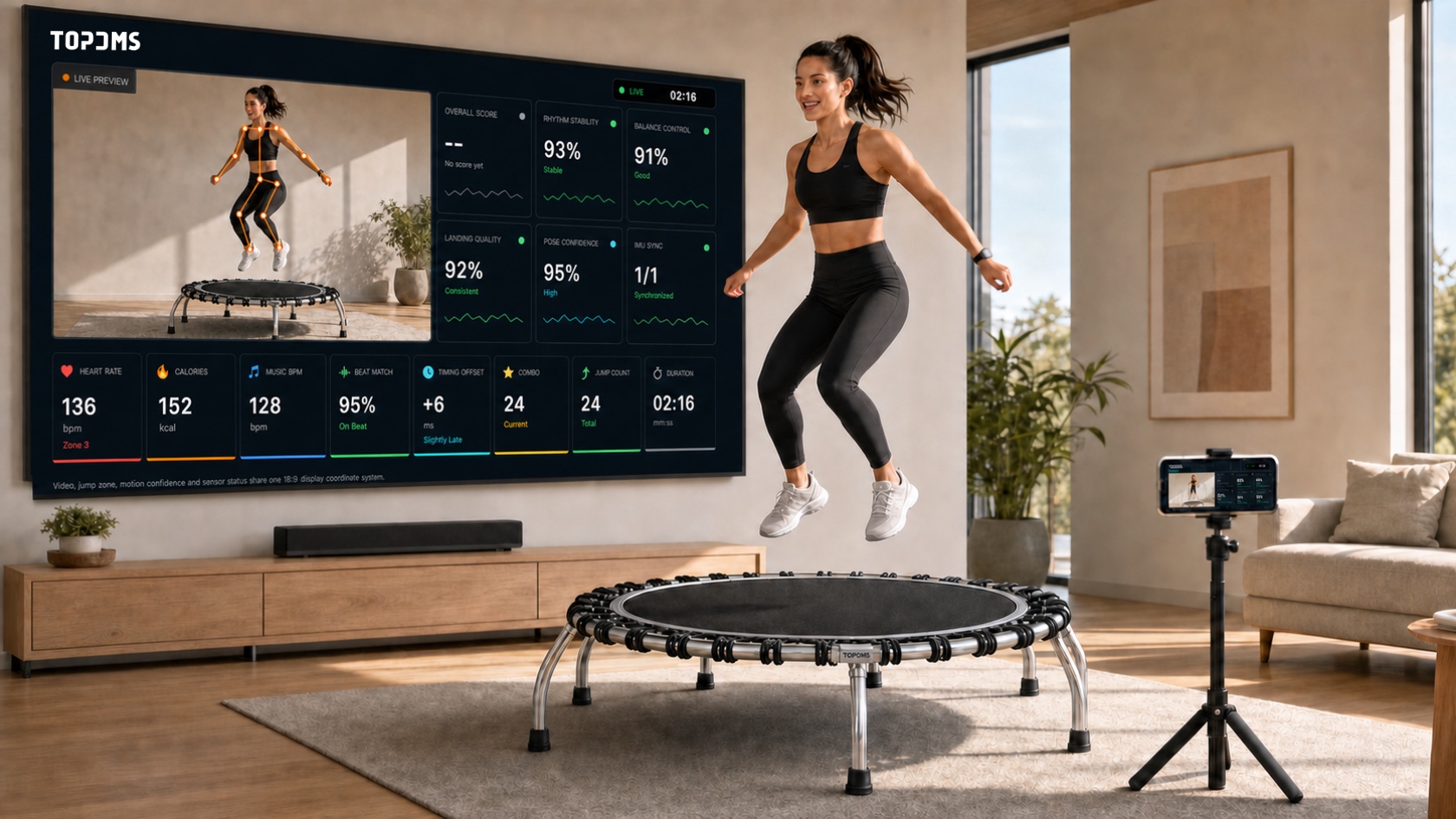 Trampoline instructor and athlete using a phone while the large display shows real athlete video with an aligned skeleton and live results